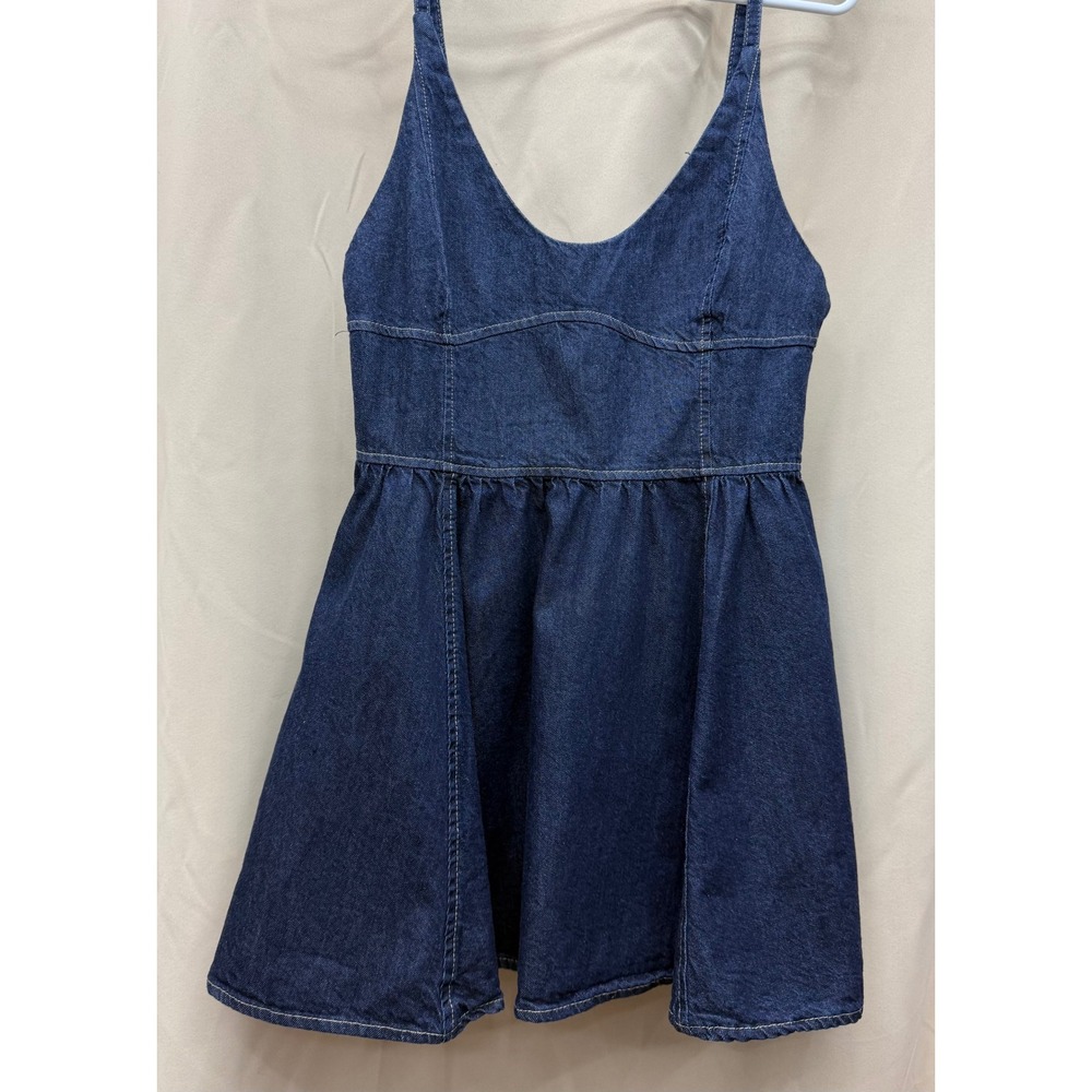 Zara Women Dark Wash Denim Mini Dress Fit & Flare‎ V-Neck Spaghetti Strap Large